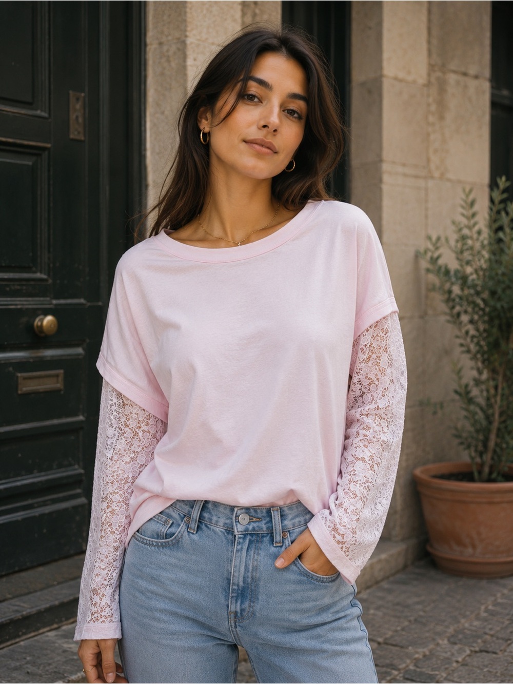 T88. Lace-Sleeve Women's Top